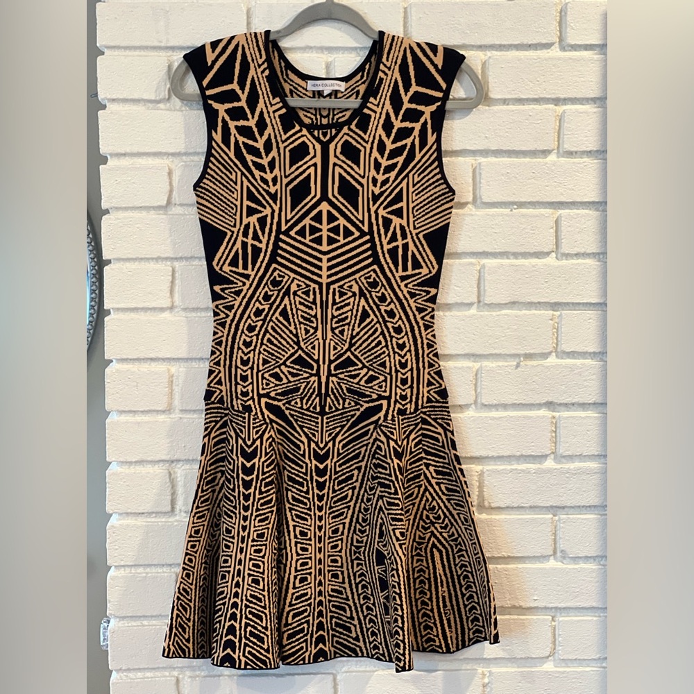 Hera Collection Black and Tan Pleated Fit and Flare Mini Dress size M